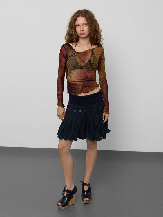 Houndstooth Gathered Mesh Top 