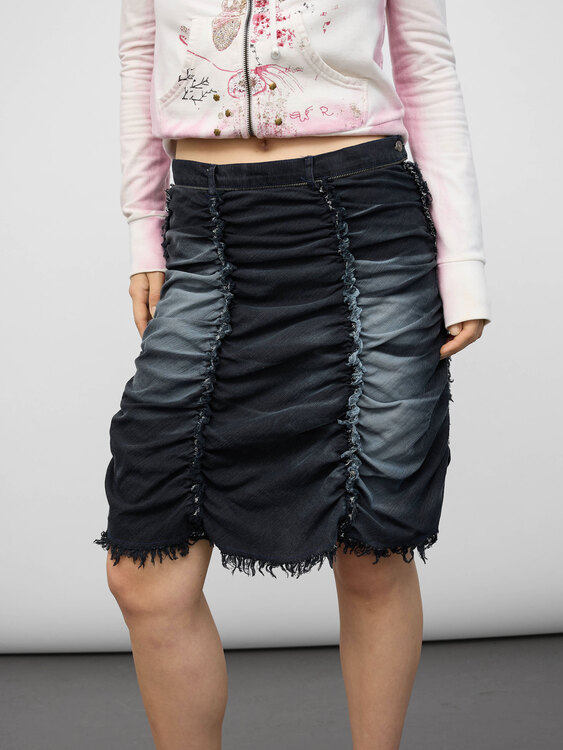 Gathered Denim Midi Skirt 