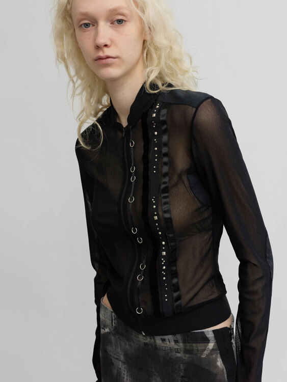 Black Mesh Zip-Up Cardigan 