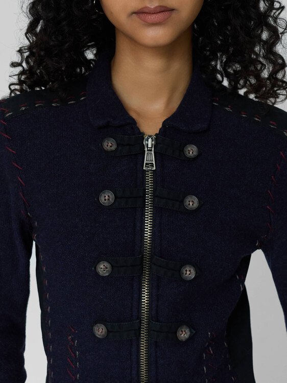 Navy Wool Panelled Zip-Up Jacket 