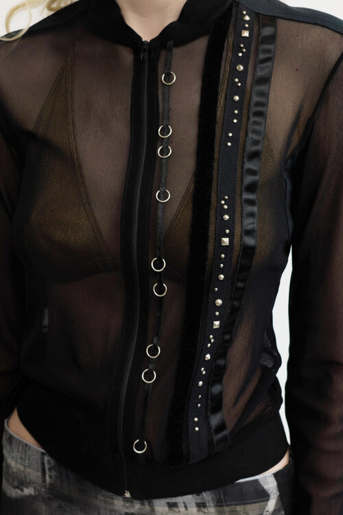 Black Mesh Zip-Up Cardigan 