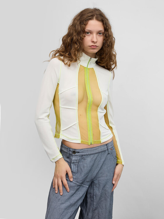 White And Lime Green Zip-Up Top 