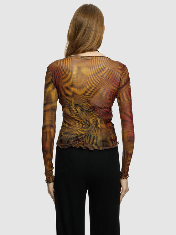 Houndstooth Gathered Mesh Top 