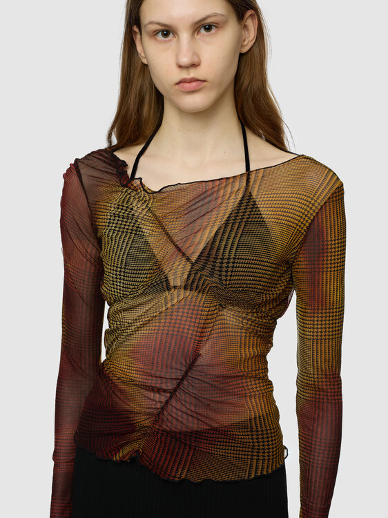 Houndstooth Gathered Mesh Top 