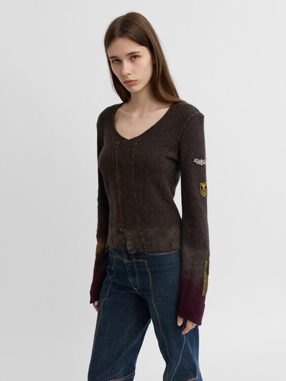 Knitted Patchwork Zip-Up Cardigan 