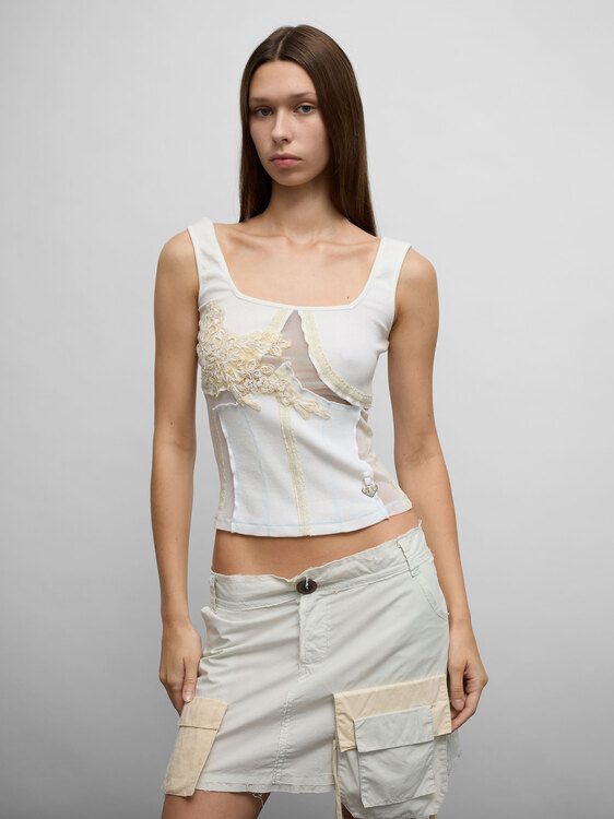 Rib Cotton Embroidered  Top 