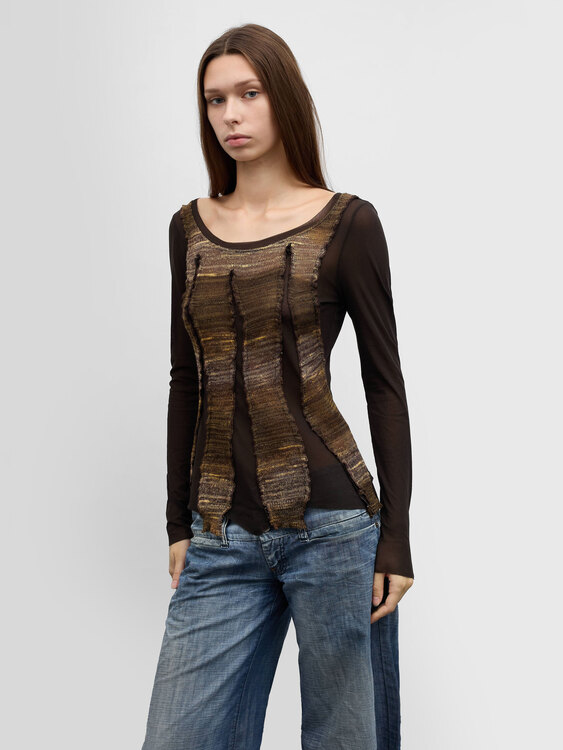 Brown Knit And Mesh Top 