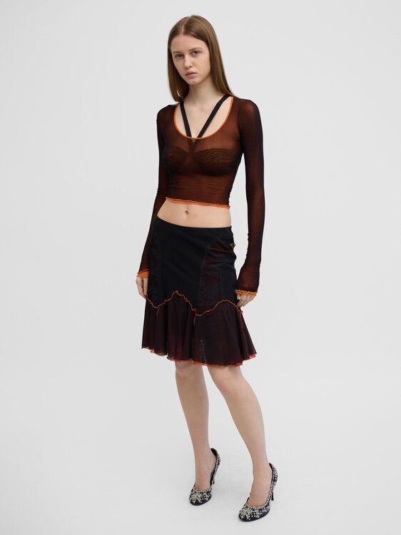 Black and Orange Mesh Midi Skirt 