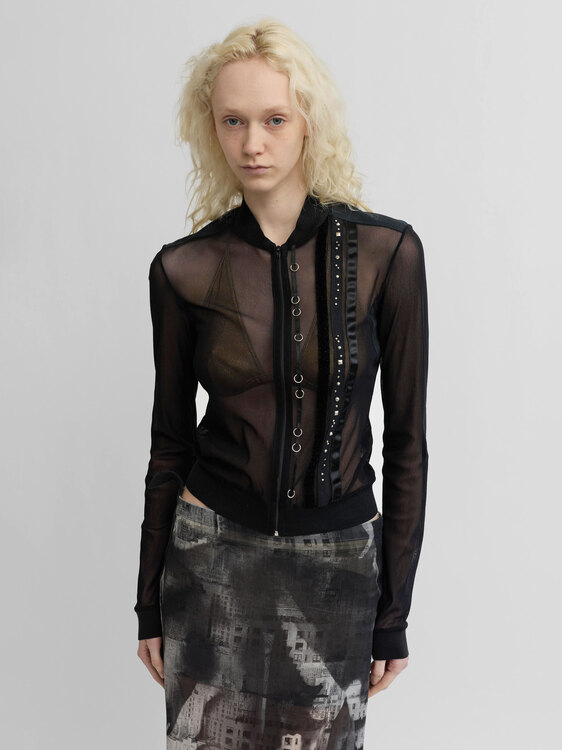 Black Mesh Zip-Up Cardigan 