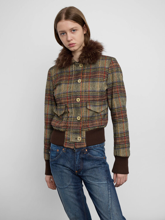Trussardi Fur Collar Plaid Jacket 