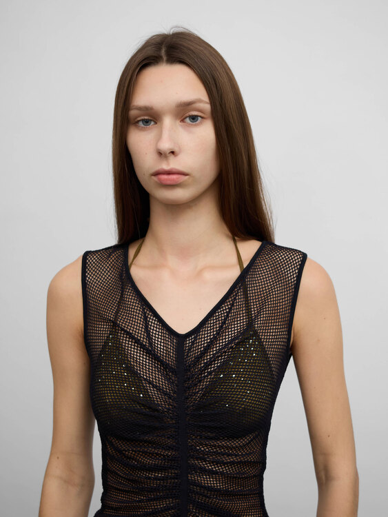 Black Gathered Fishnet Top 