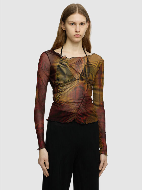 Houndstooth Gathered Mesh Top 