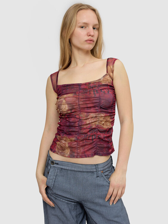 Gathered Graphic Print Mesh Top 