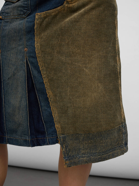 Corduroy and Denim Midi Skirt 