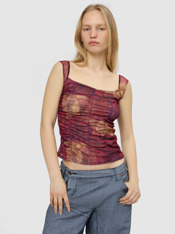 Gathered Graphic Print Mesh Top 