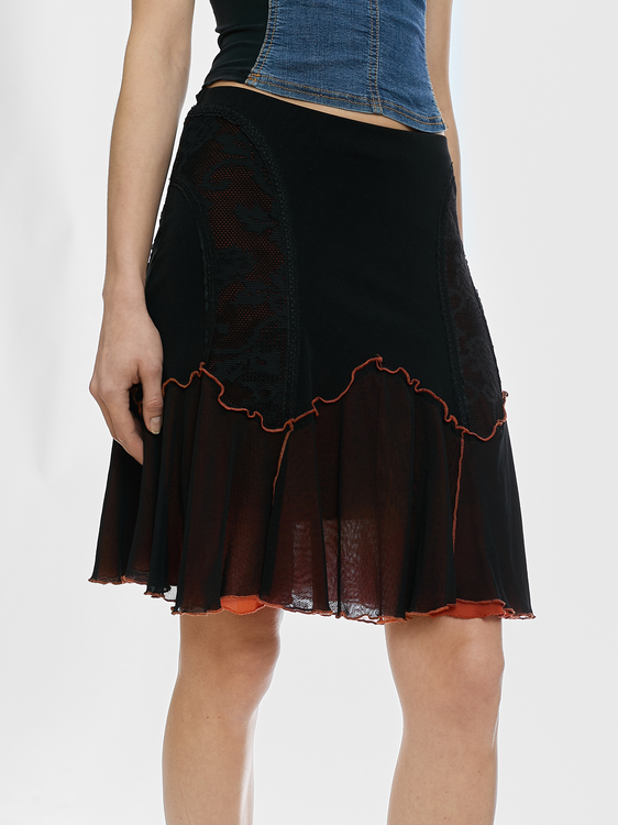 Black and Orange Mesh Midi Skirt 