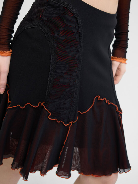 Black and Orange Mesh Midi Skirt 