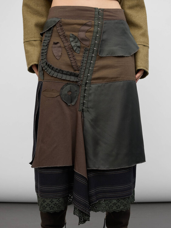 Khaki Patchwork Midi Skirt 