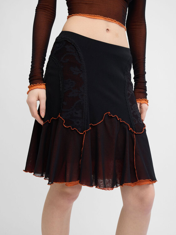 Black and Orange Mesh Midi Skirt 