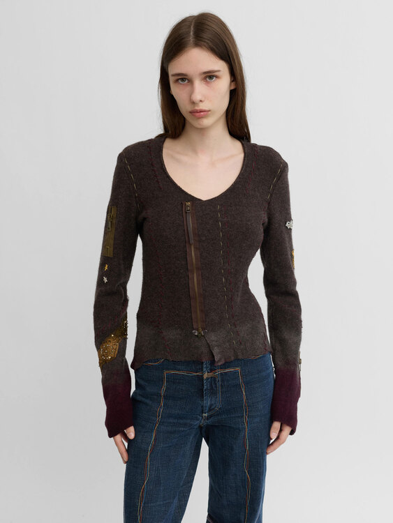 Knitted Patchwork Zip-Up Cardigan 