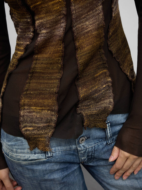 Brown Knit And Mesh Top 